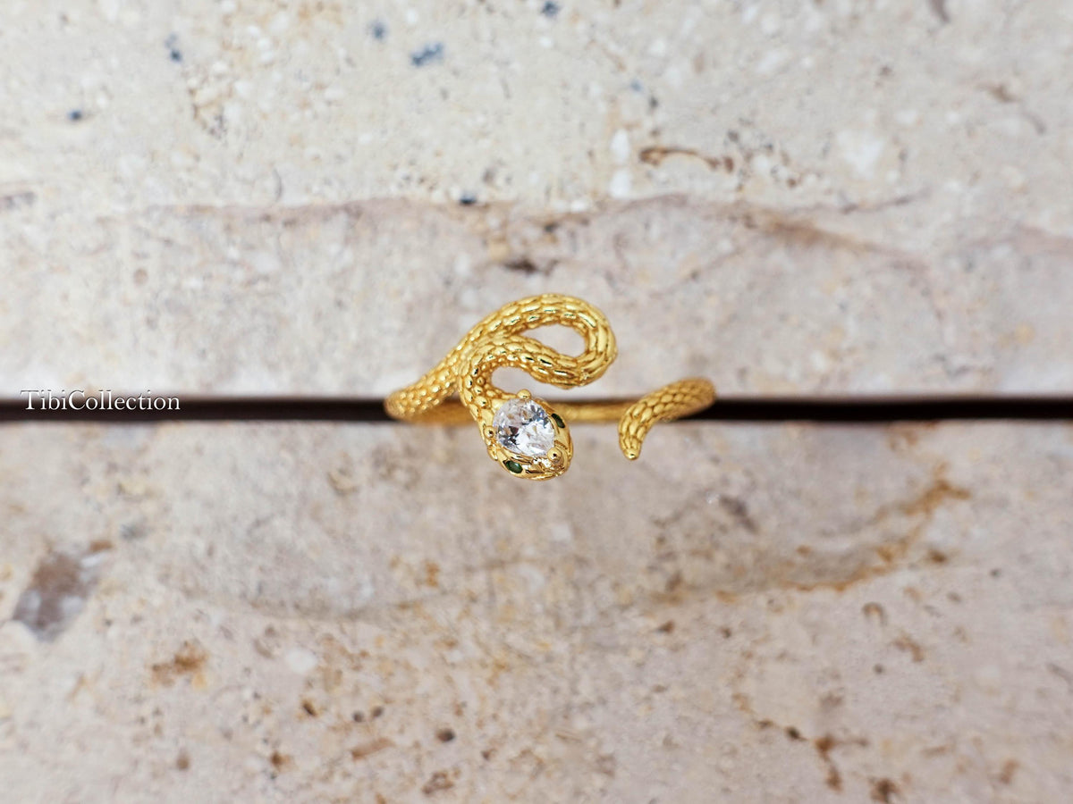 Gold Snake Ring Adjustable Sterling Silver. CZ Diamond Serpent. Promise Ring Gift for Her