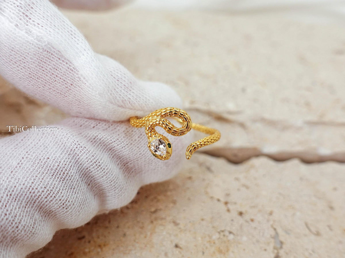 Gold Snake Ring Adjustable Sterling Silver. CZ Diamond Serpent. Promise Ring Gift for Her