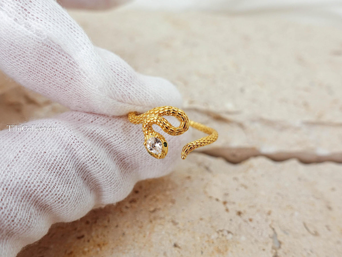 Gold Snake Ring Adjustable Sterling Silver. CZ Diamond Serpent. Promise Ring Gift for Her