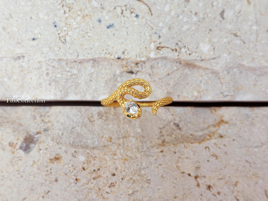Gold Snake Ring Adjustable Sterling Silver. CZ Diamond Serpent. Promise Ring Gift for Her