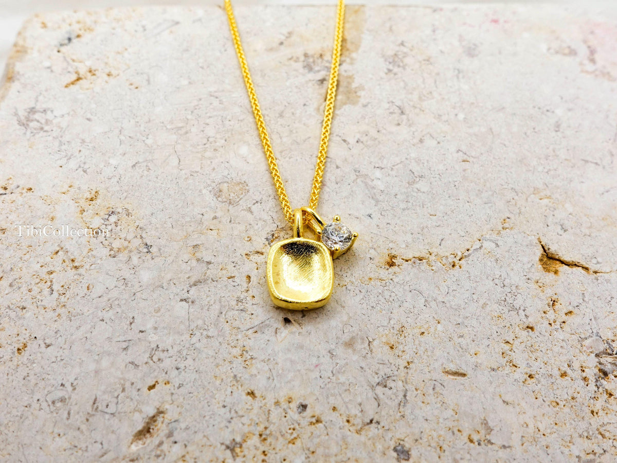 Gold Solitaire Mossanite Double Charm Necklace, Minimalist Jewelry Gift, 20" Adjustable