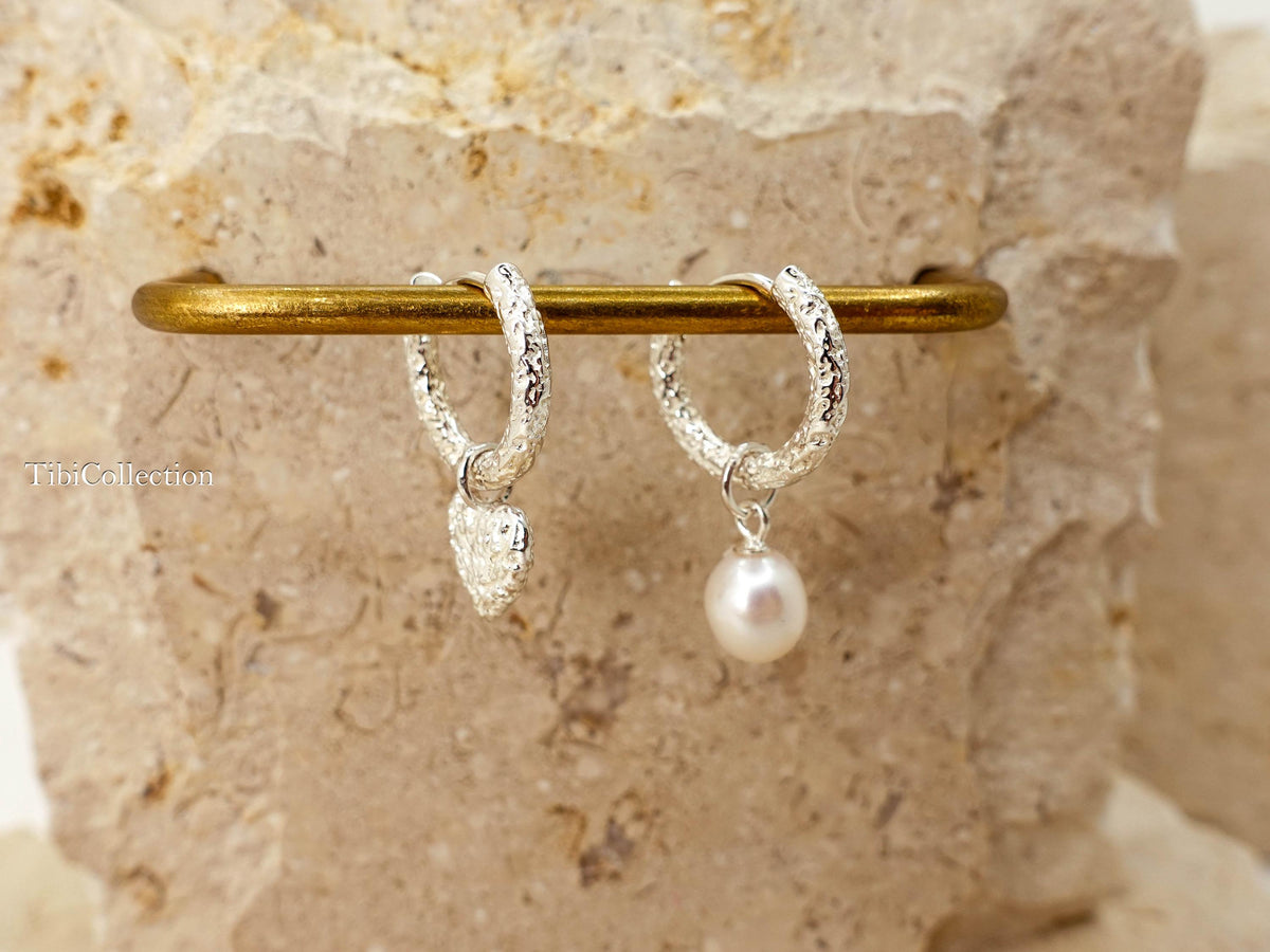 Sterling Silver Mismatched Huggie Hoops, Removable Pearl Charm Earrings, Jewelry Gift for Her