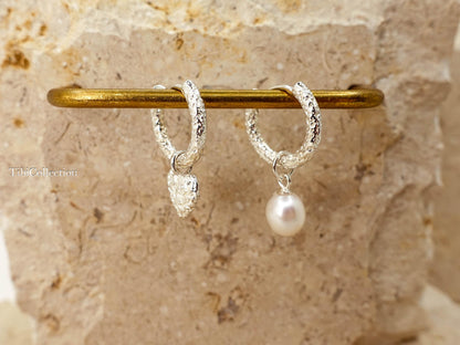 Sterling Silver Mismatched Huggie Hoops, Removable Pearl Charm Earrings, Jewelry Gift for Her