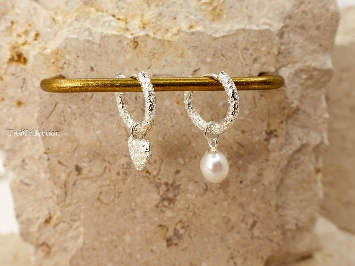 Sterling Silver Mismatched Huggie Hoops, Removable Pearl Charm Earrings, Jewelry Gift for Her