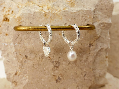 Sterling Silver Mismatched Huggie Hoops, Removable Pearl Charm Earrings, Jewelry Gift for Her