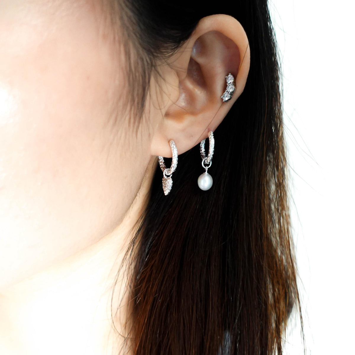 Sterling Silver Mismatched Huggie Hoops, Removable Pearl Charm Earrings, Jewelry Gift for Her