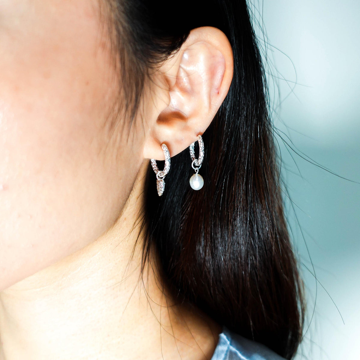 Sterling Silver Mismatched Huggie Hoops, Removable Pearl Charm Earrings, Jewelry Gift for Her