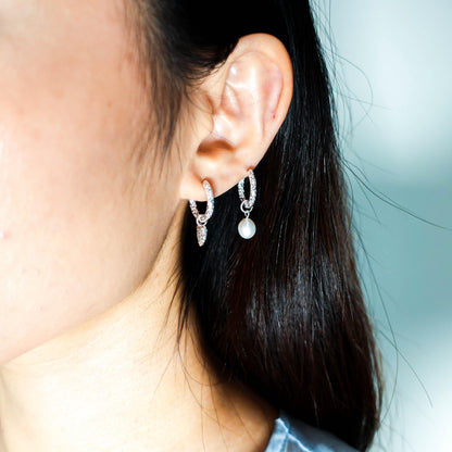 Sterling Silver Mismatched Huggie Hoops, Removable Pearl Charm Earrings, Jewelry Gift for Her