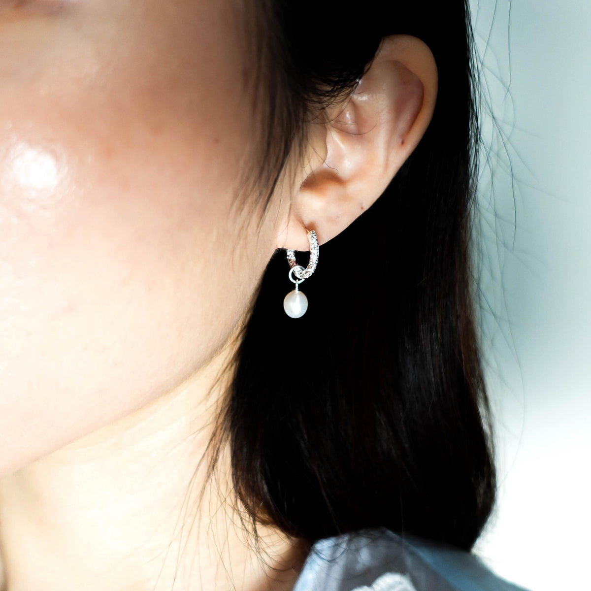 Sterling Silver Mismatched Huggie Hoops, Removable Pearl Charm Earrings, Jewelry Gift for Her