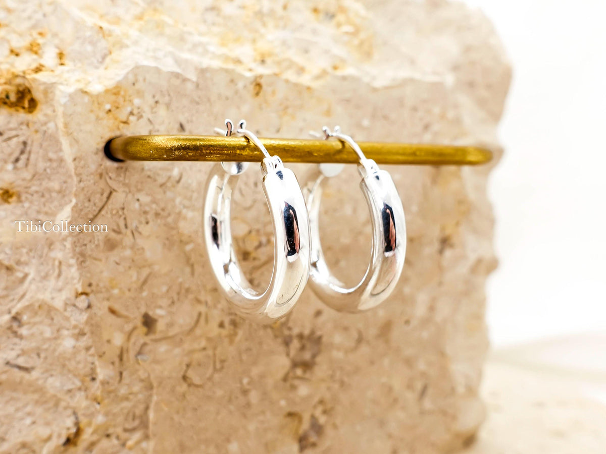 Sterling Silver Hoop Earrings Medium, Classic Everyday Hoops Minimal Jewelry Gift for Her