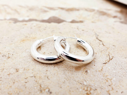 Sterling Silver Hoop Earrings Medium, Classic Everyday Hoops Minimal Jewelry Gift for Her