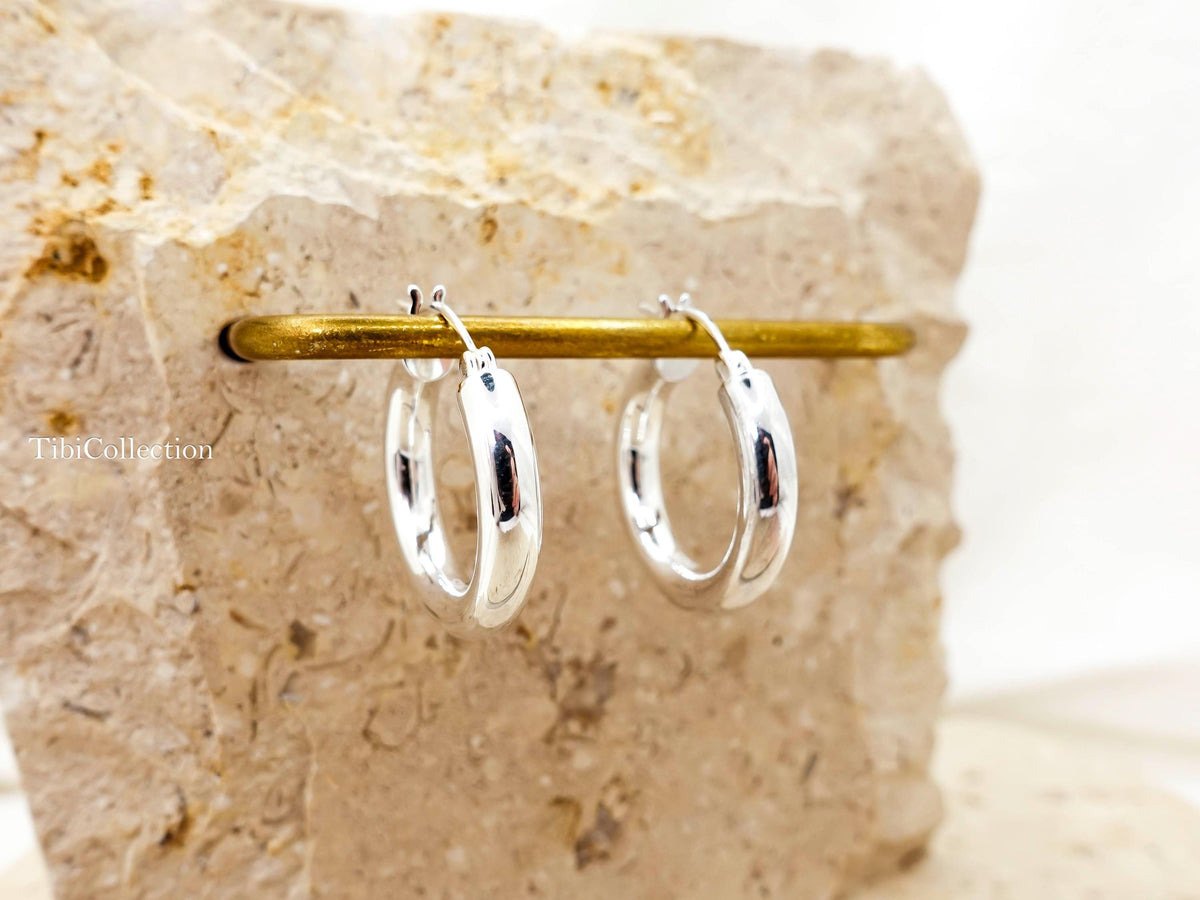 Sterling Silver Hoop Earrings Medium, Classic Everyday Hoops Minimal Jewelry Gift for Her
