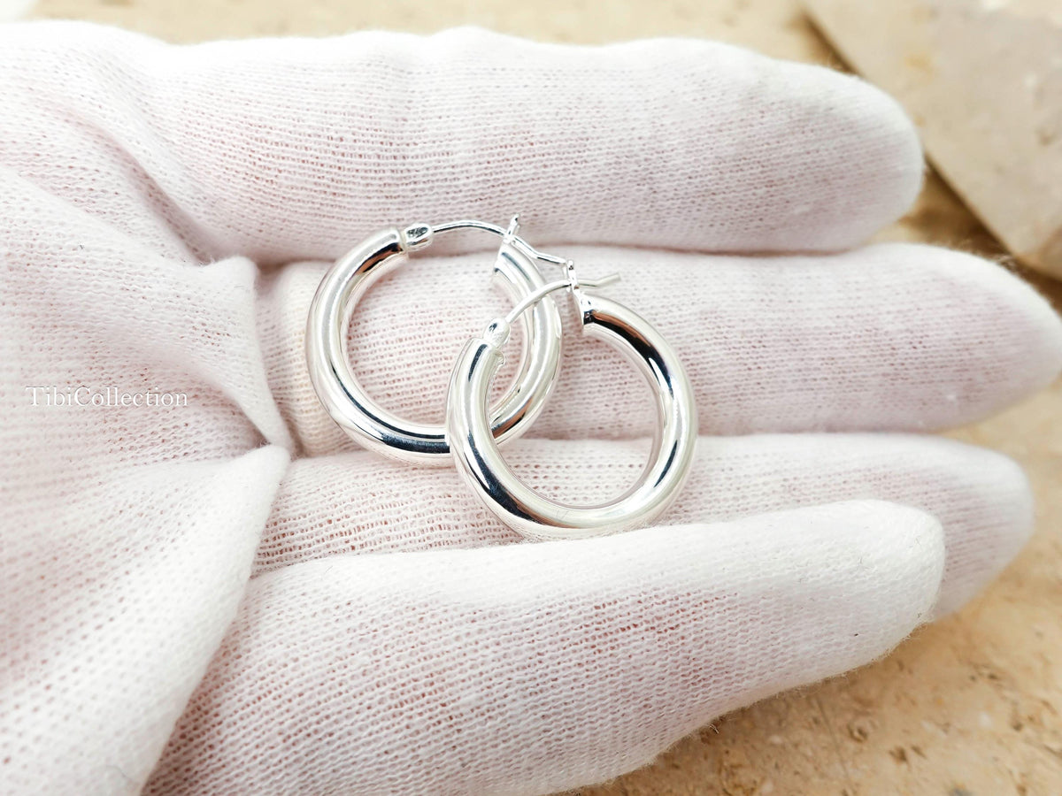 Sterling Silver Hoop Earrings Medium, Classic Everyday Hoops Minimal Jewelry Gift for Her