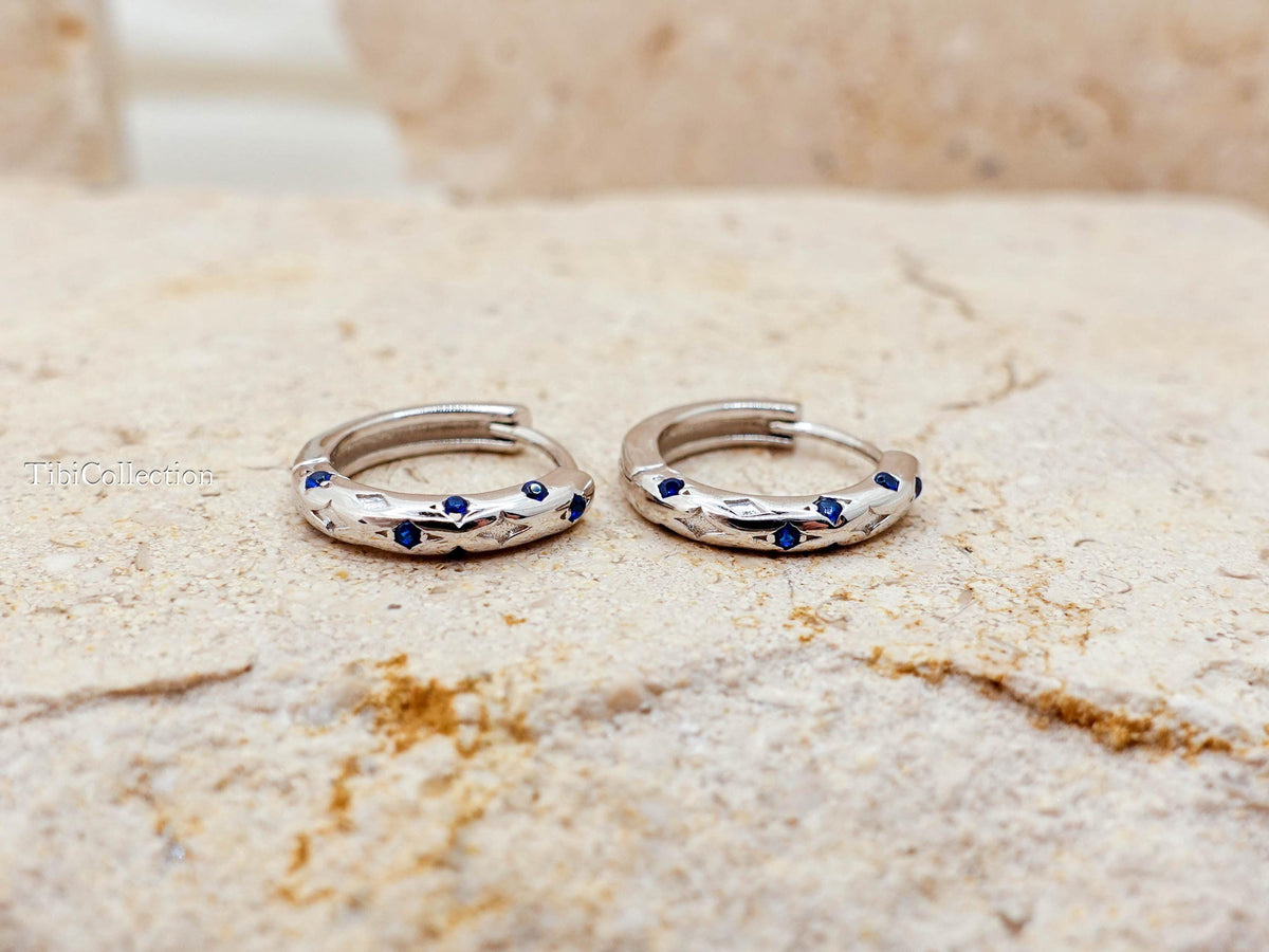 Sterling Silver Sapphire Huggie Hoop Earrings. Dainty Birthstone Jewelry Gift for Her