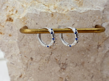 Sterling Silver Sapphire Huggie Hoop Earrings. Dainty Birthstone Jewelry Gift for Her