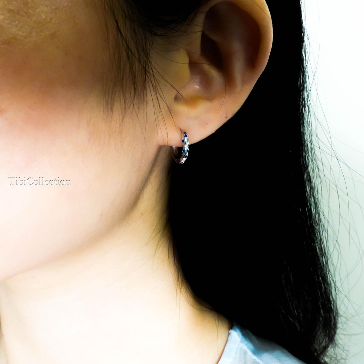 Sterling Silver Sapphire Huggie Hoop Earrings. Dainty Birthstone Jewelry Gift for Her