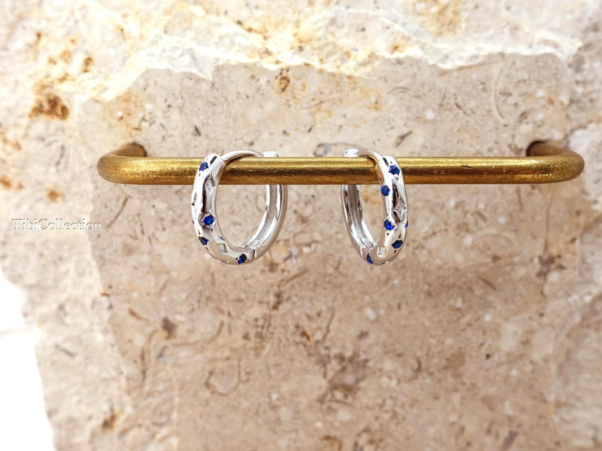 Sterling Silver Sapphire Huggie Hoop Earrings. Dainty Birthstone Jewelry Gift for Her