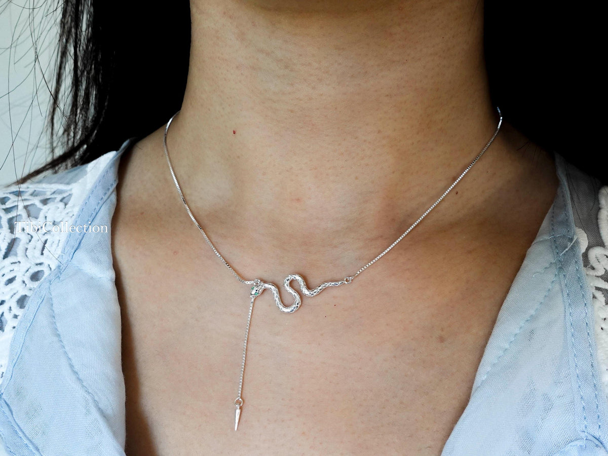 Sterling Silver Snake Necklace Adjustable Chain, Snake Jewelry For Her Mom Sister