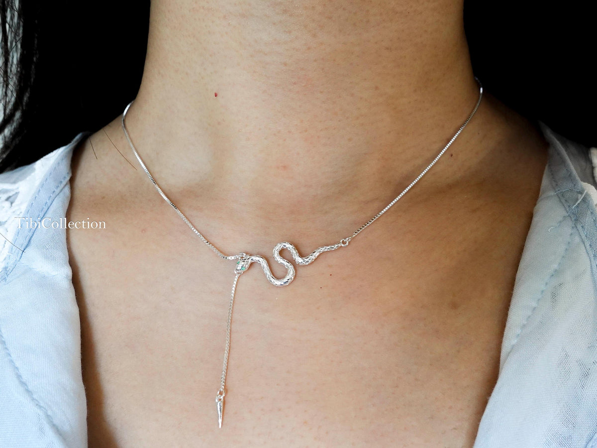 Sterling Silver Snake Necklace Adjustable Chain, Snake Jewelry For Her Mom Sister