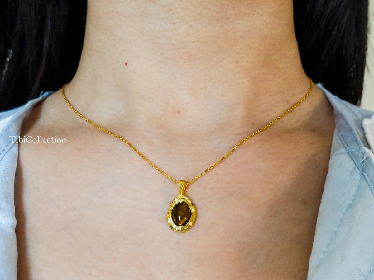 Gold Tiger Eye Necklace Sterling Silver, Oval Brown Gemstone Minimalist Jewelry Gift