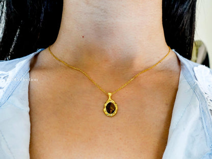 Gold Tiger Eye Necklace Sterling Silver, Oval Brown Gemstone Minimalist Jewelry Gift