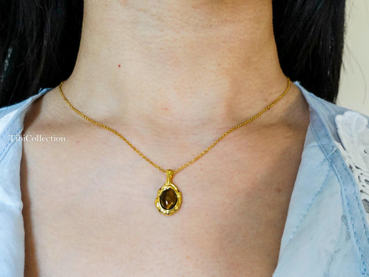 Gold Tiger Eye Necklace Sterling Silver, Oval Brown Gemstone Minimalist Jewelry Gift