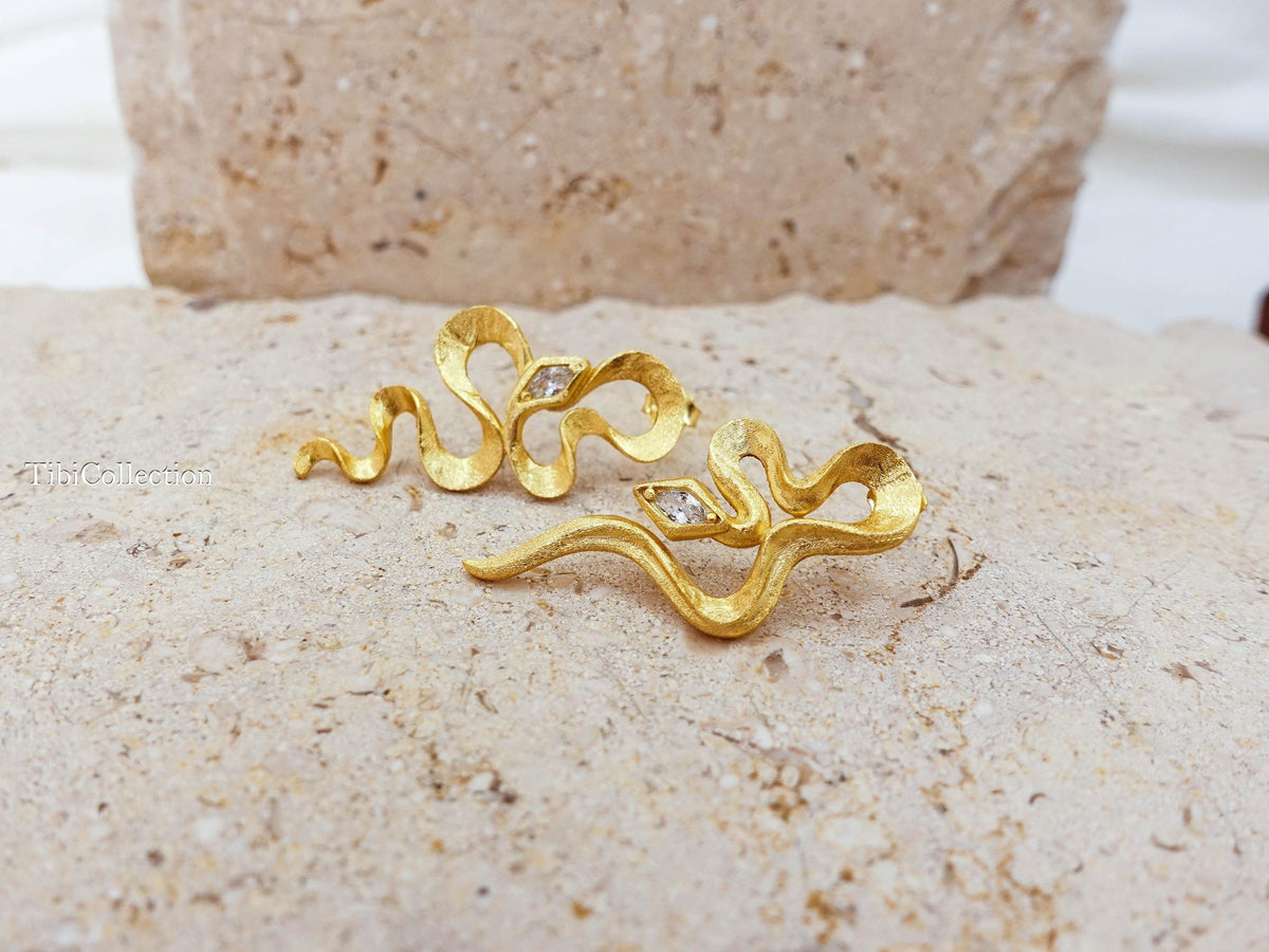 Mismatched Gold Snake Earrings Sterling Silver, Asymmetrical Modern Jewelry Gift for Her