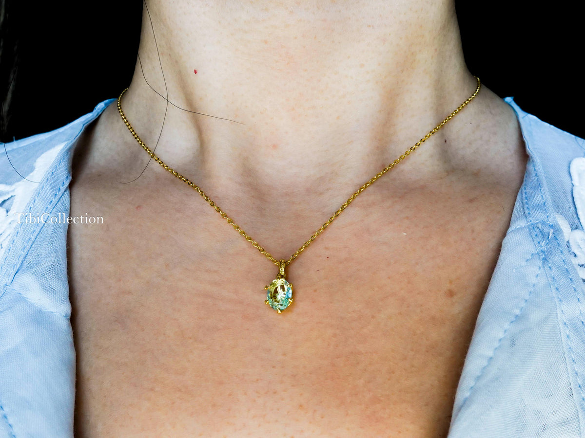 Dainty Oval Aquamarine Necklace Gold Filled Sterling Silver , Everyday Jewelry Gift for Mom