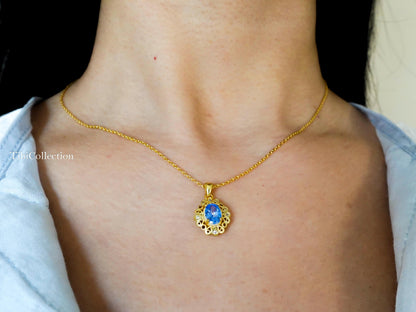 Vintage Blue Topaz Necklace Gold Filled Sterling Silver, December Birthstone Gift for Her