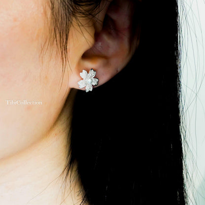 Sterling Silver Cherry Blossom Earrings, Pearl Flower Studs Jewelry Gift for Her