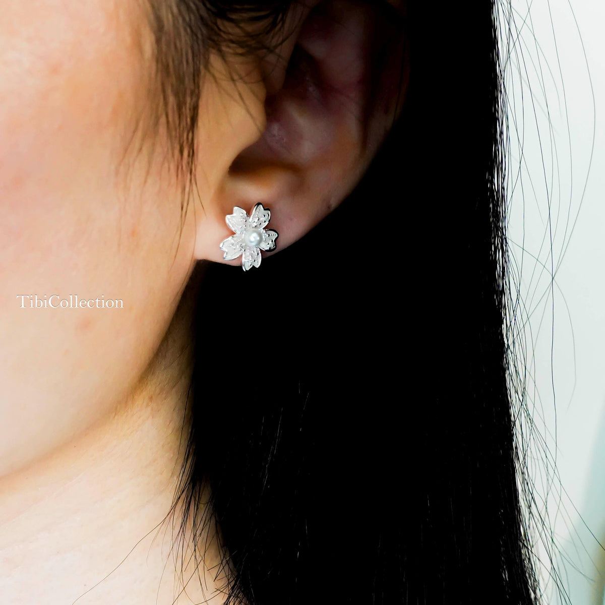 Sterling Silver Cherry Blossom Earrings, Pearl Flower Studs Jewelry Gift for Her
