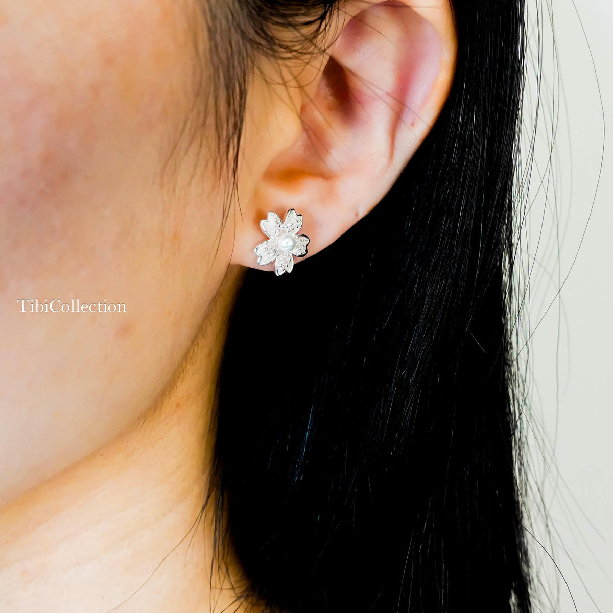 Sterling Silver Cherry Blossom Earrings, Pearl Flower Studs Jewelry Gift for Her
