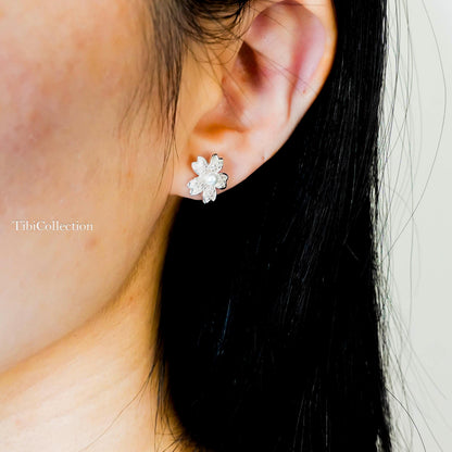 Sterling Silver Cherry Blossom Earrings, Pearl Flower Studs Jewelry Gift for Her