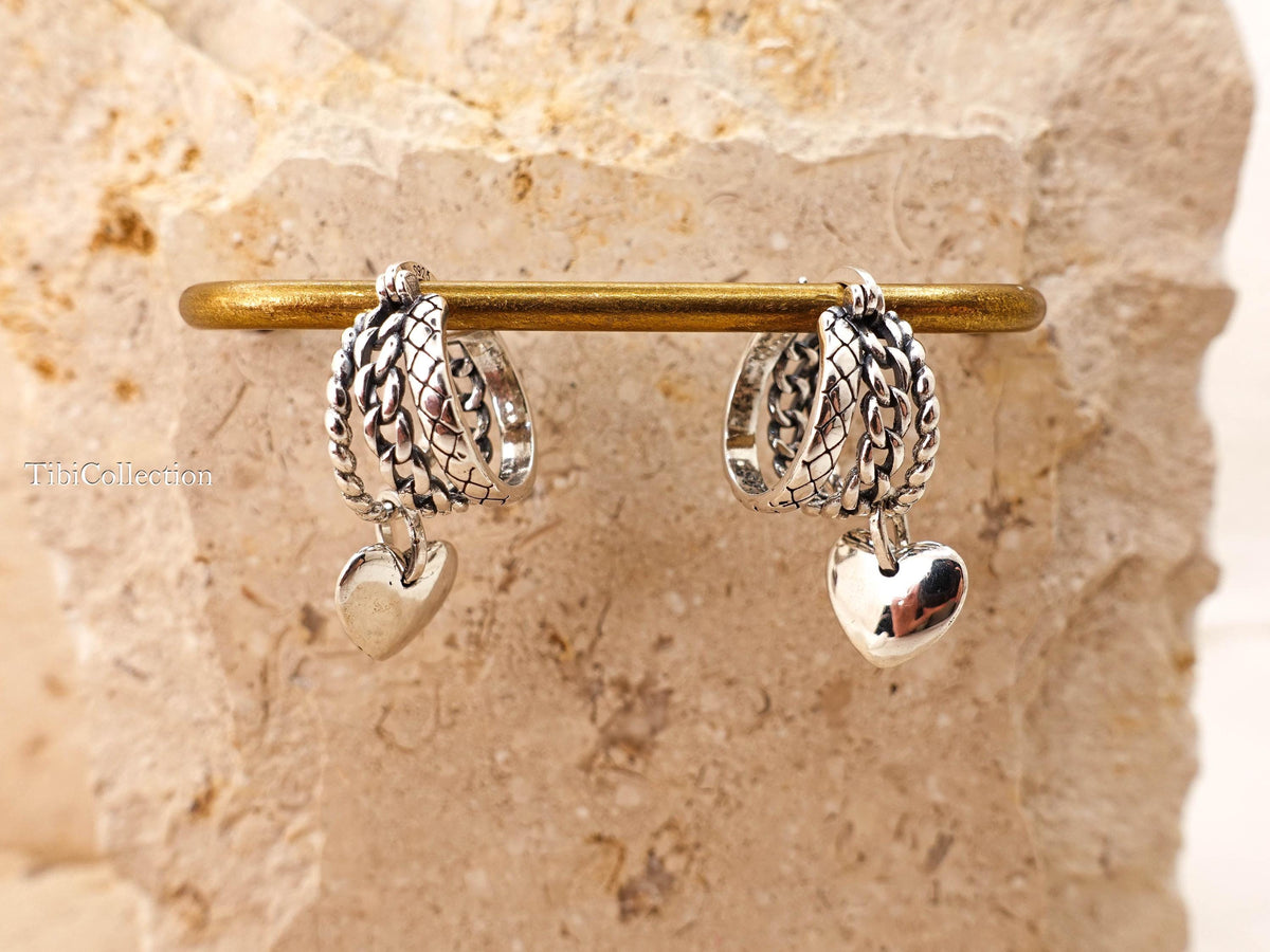 Sterling Silver Small Triple Hoop Earrings, Unique Vintage Heart Charm Hoops Gift for Her