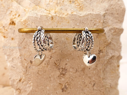 Sterling Silver Small Triple Hoop Earrings, Unique Vintage Heart Charm Hoops Gift for Her