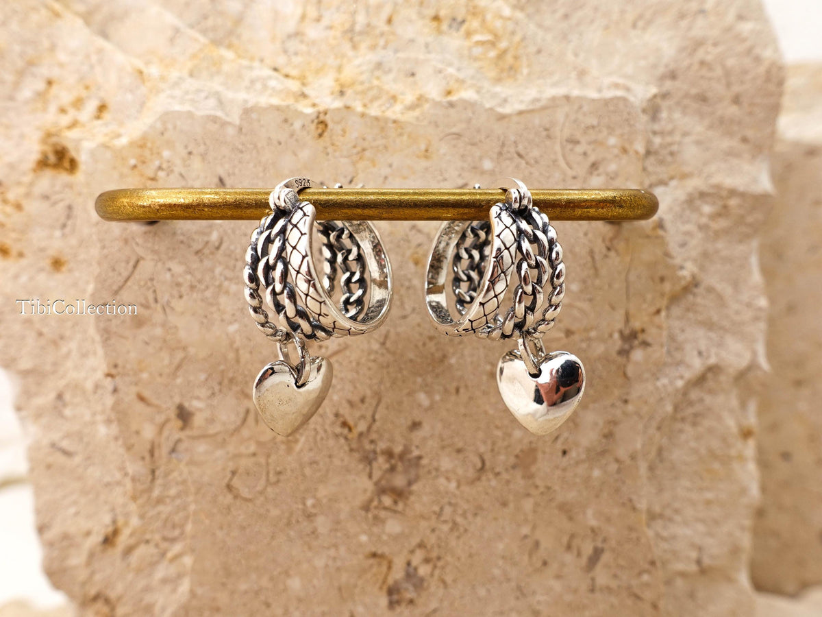 Sterling Silver Small Triple Hoop Earrings, Unique Vintage Heart Charm Hoops Gift for Her