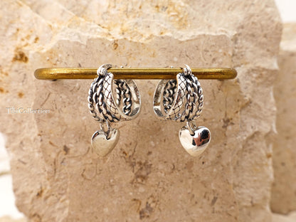 Sterling Silver Small Triple Hoop Earrings, Unique Vintage Heart Charm Hoops Gift for Her