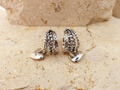 Sterling Silver Small Triple Hoop Earrings, Unique Vintage Heart Charm Hoops Gift for Her