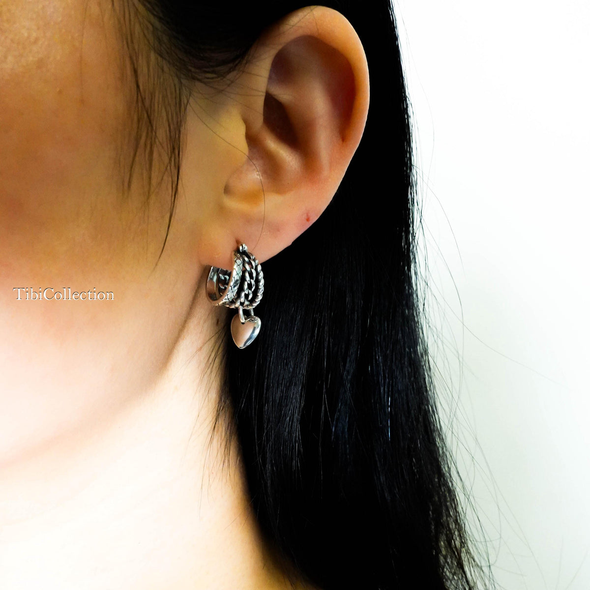 Sterling Silver Small Triple Hoop Earrings, Unique Vintage Heart Charm Hoops Gift for Her