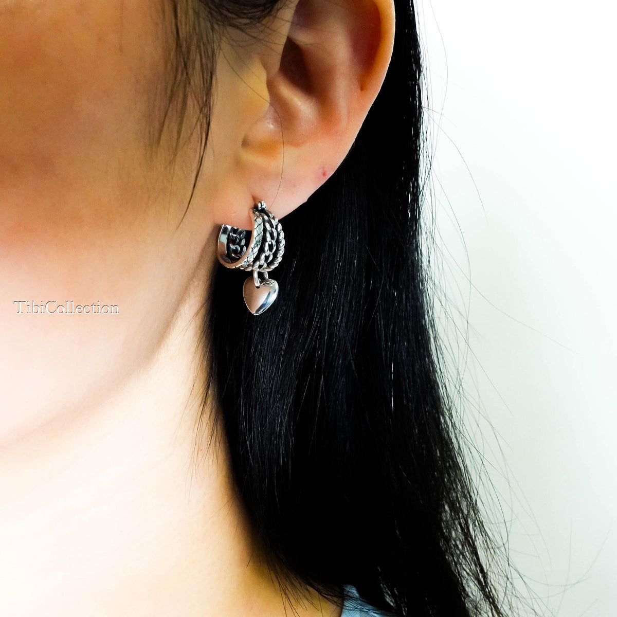 Sterling Silver Small Triple Hoop Earrings, Unique Vintage Heart Charm Hoops Gift for Her