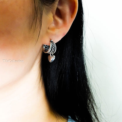 Sterling Silver Small Triple Hoop Earrings, Unique Vintage Heart Charm Hoops Gift for Her