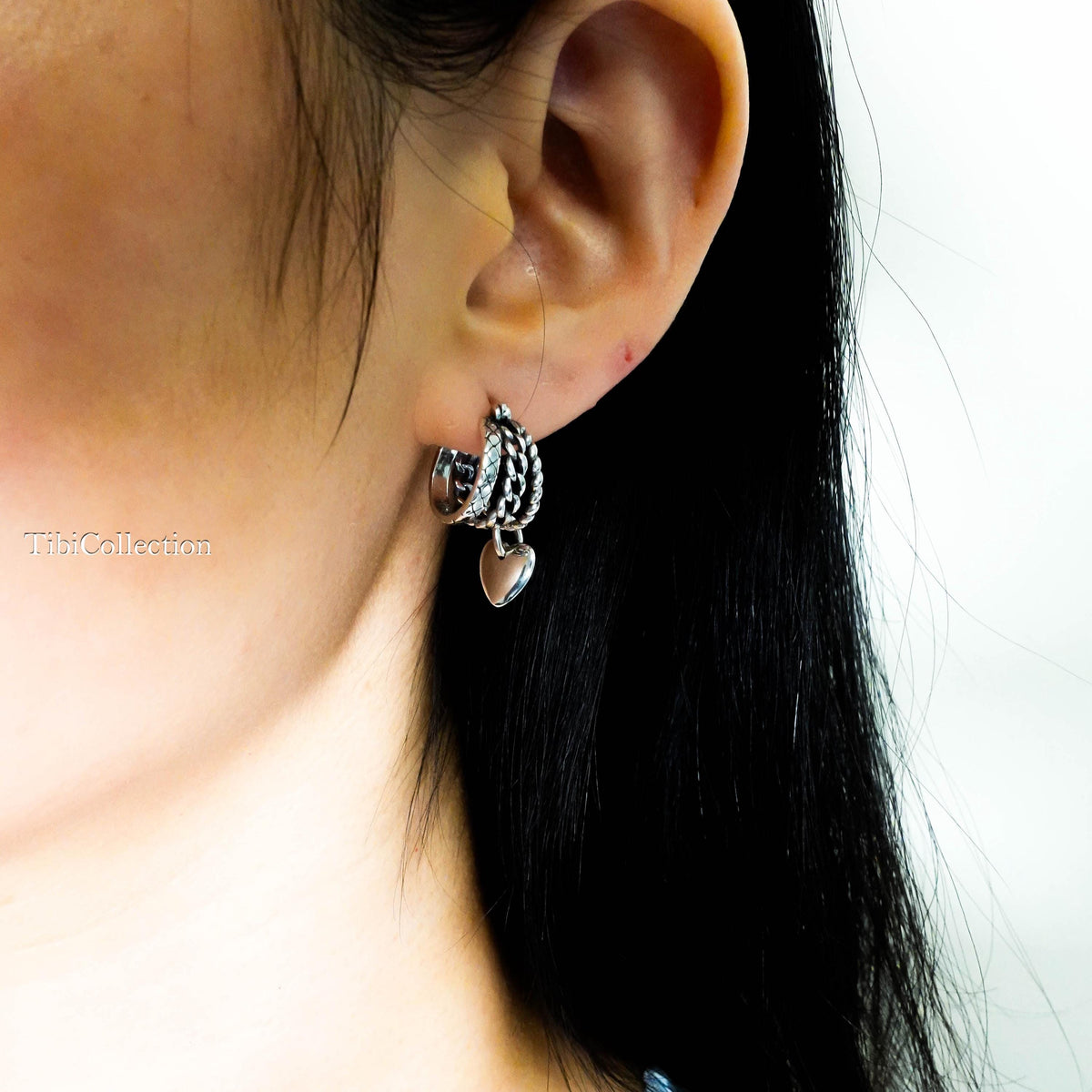Sterling Silver Small Triple Hoop Earrings, Unique Vintage Heart Charm Hoops Gift for Her
