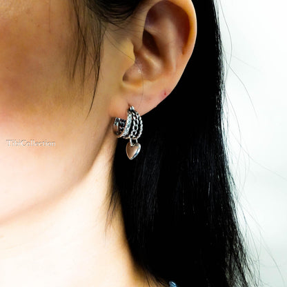 Sterling Silver Small Triple Hoop Earrings, Unique Vintage Heart Charm Hoops Gift for Her