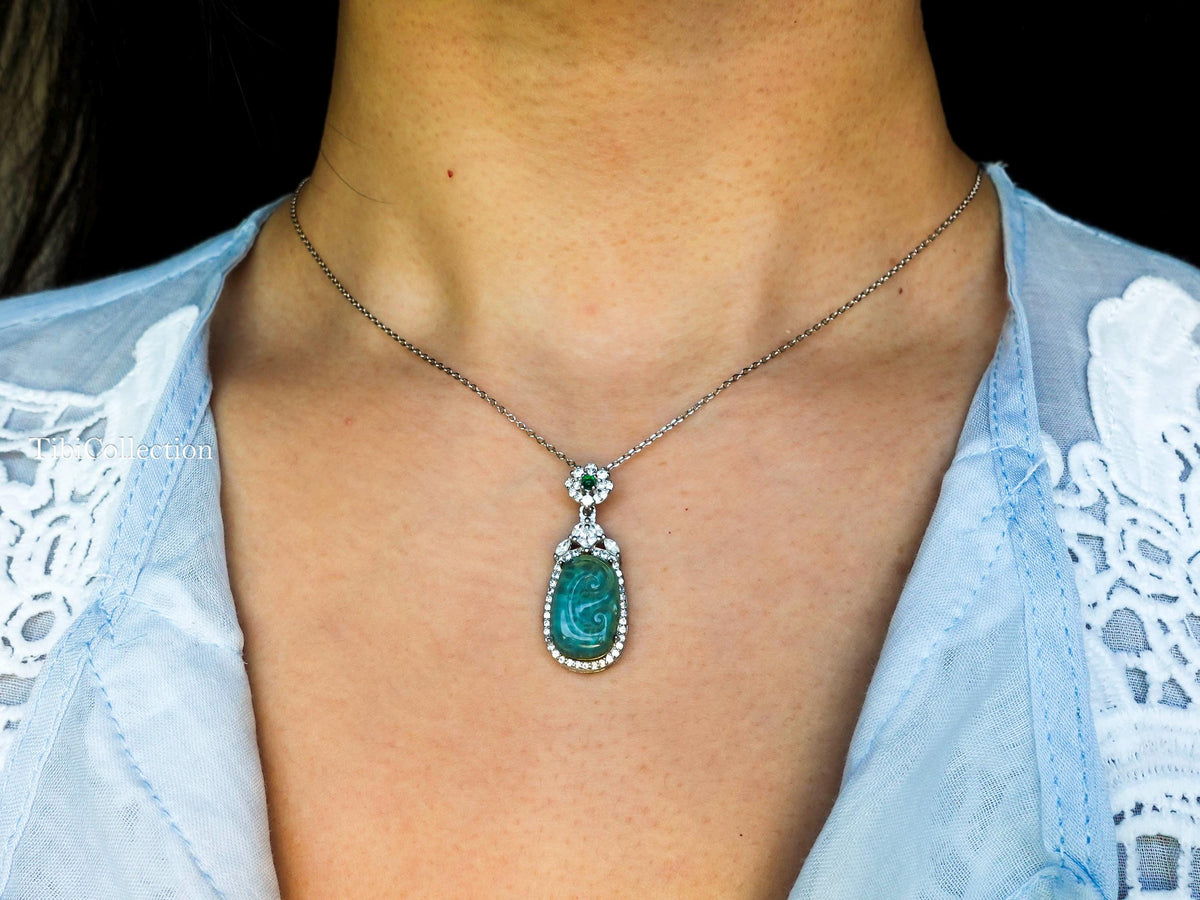 Sterling Silver Jade Necklace with Moissanite Emerald Gift for Mom
