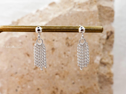 Sterling Silver Tassel Stud Earrings, Dainty Fringe Cartilage Helix Tragus Earrings, Everyday Jewelry Gift