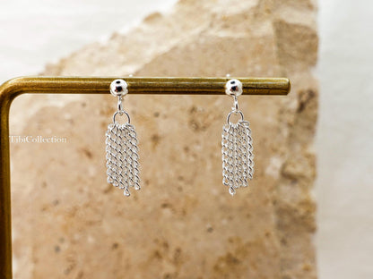 Sterling Silver Tassel Stud Earrings, Dainty Fringe Cartilage Helix Tragus Earrings, Everyday Jewelry Gift