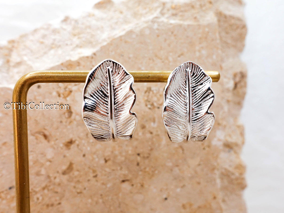 Sterling Silver Leaf Stud Earrings, Feather Earrings Everyday Jewelry Gift for Her Mom Sis