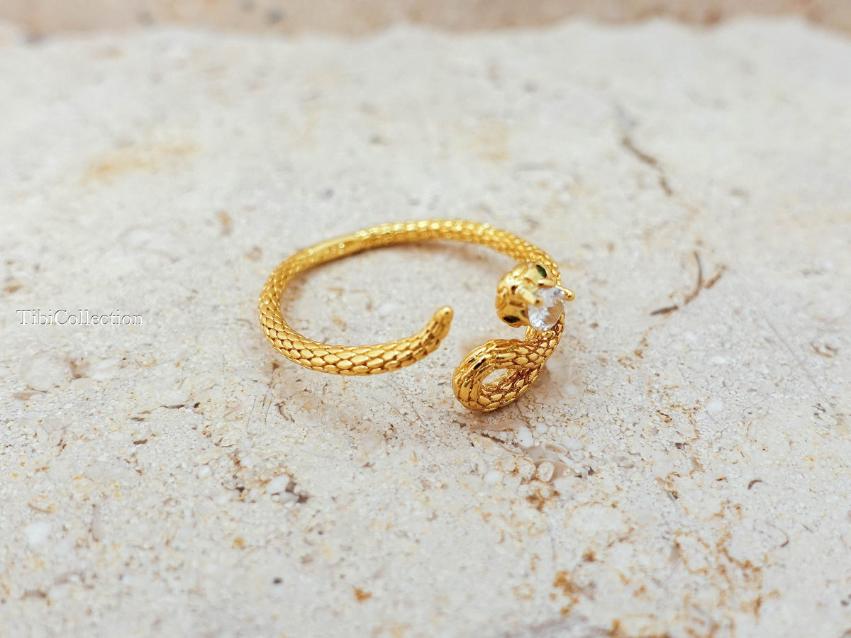 Gold Snake Ring Adjustable Sterling Silver. CZ Diamond Serpent. Promise Ring Gift for Her