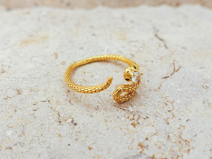 Gold Snake Ring Adjustable Sterling Silver. CZ Diamond Serpent. Promise Ring Gift for Her