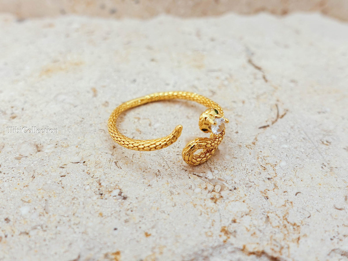 Gold Snake Ring Adjustable Sterling Silver. CZ Diamond Serpent. Promise Ring Gift for Her
